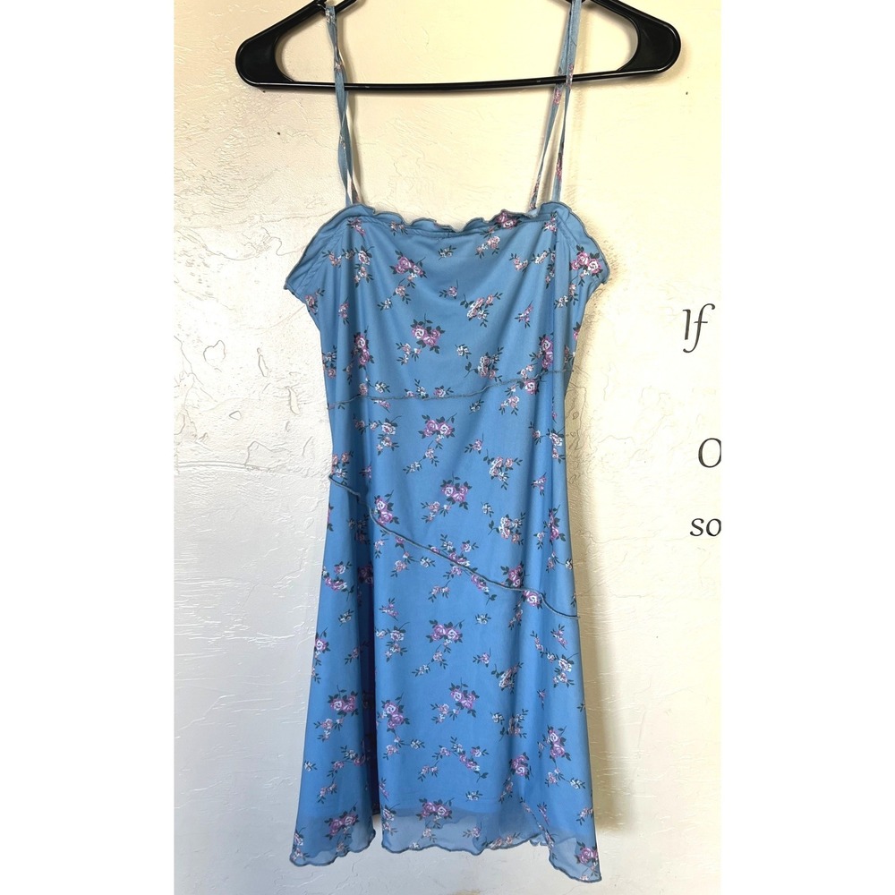 Boho Cottagecore Blue Floral Mesh Mini Dress‎ Asymmetrical Lettuce Hem Y2K Style